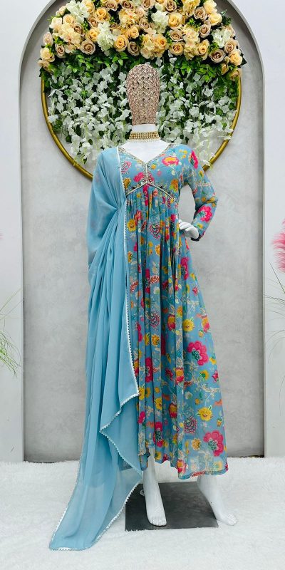 Majestic Blue Color Georgette Digital Printed Salwar Suit