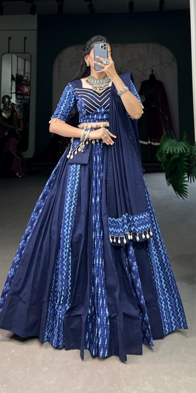 Majestic Blue Color Pure Cotton Floral Printed Lehenga Choli