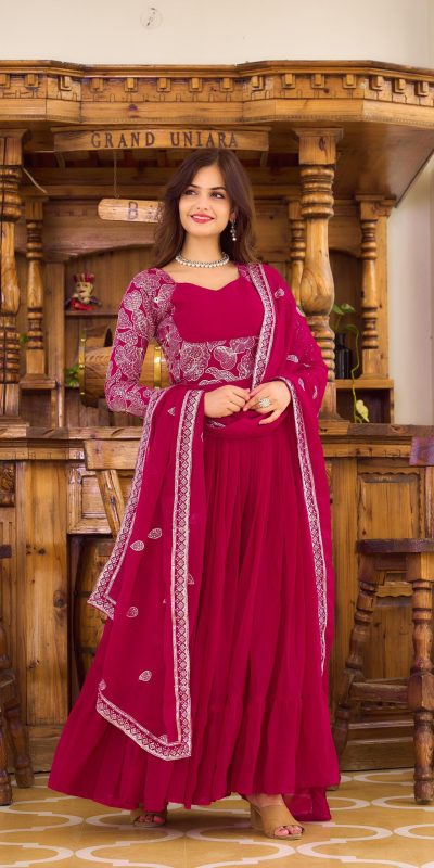 Majestic Maroon Color Fox Georgette Sequence Embroidery Gown