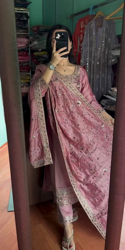 Majestic Pink Color Chinon Silk Embroidery Work Sharara Suit