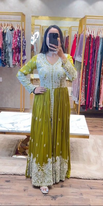 Majestic Pista Green Color Georgette Embroidery Sequence Gown
