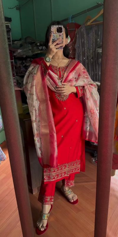Aglow Red Color Chinon Silk Embroidery Work Sharara Suit