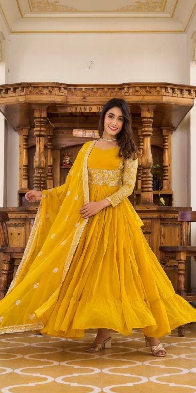 Majestic Yellow Color Fox Georgette Sequence Embroidery Gown