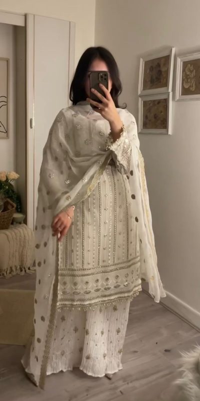 Mystical White Color Georgette Embroidery Salwar Suit