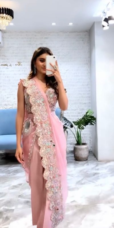 Stylish Peach Color Georgette Embroidered Sequence Saree