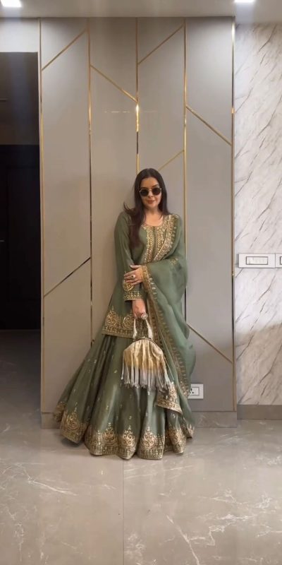 Nice Green Color Chinnon Silk Embroidery Sequence Salwar Suit