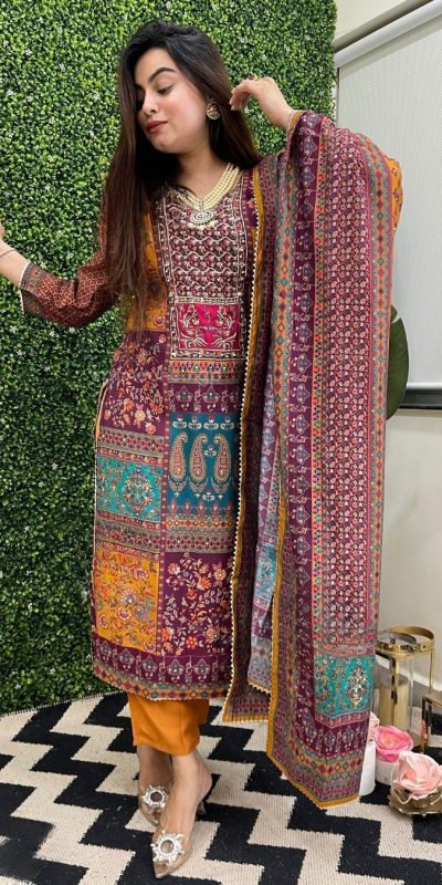 Nice Mustard Color Maslin Printed Real Mirror Work Salwar Suit