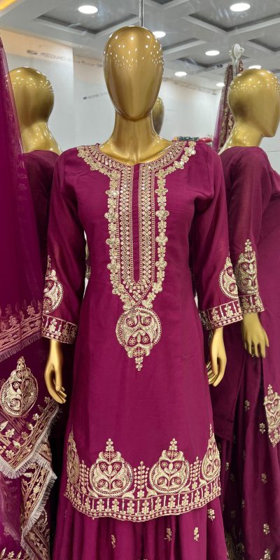 Nice Purple Color Chinnon Silk Embroidery Sequence Salwar Suit