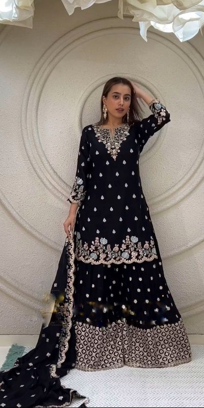Peaceful Black Color Chinnon Silk Embroidery Work Salwar Suit