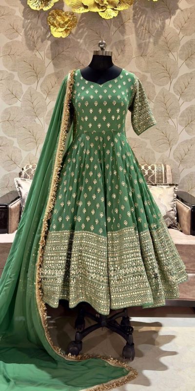 Peaceful Green Color Chinnon Embroidery Sequence Gown