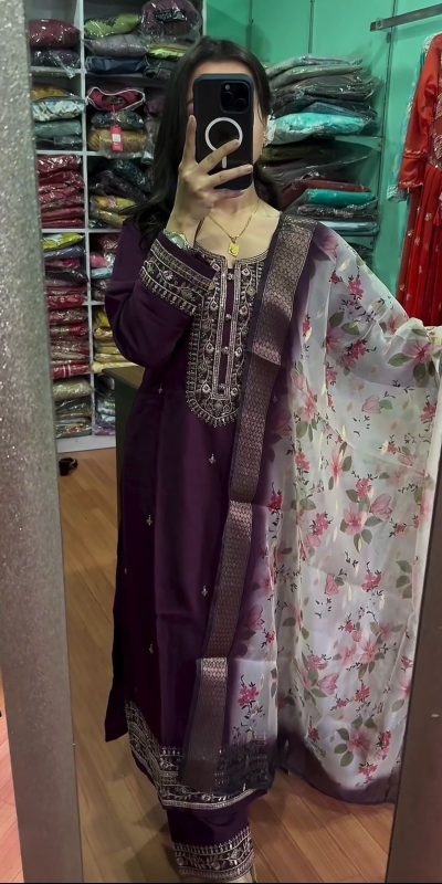Peaceful Purple Color Chinnon Silk Embroidery Sharara Suit