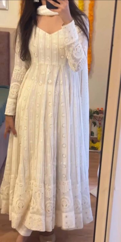 Peaceful White Color Georgette Embroidery Sequence Gown