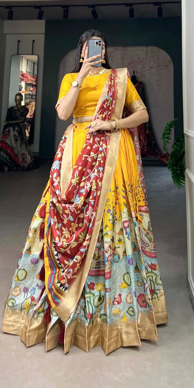 Peaceful Yellow Color Dola Silk Kalamkari Printed Lehenga Choli
