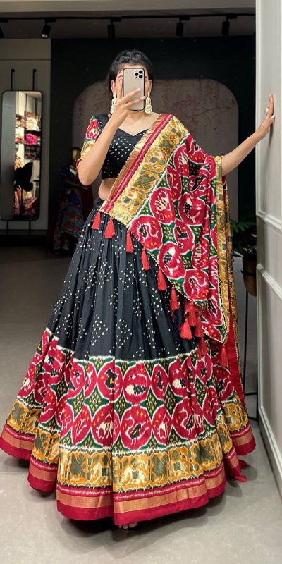 Black Tussar Silk Patola Printed Lehenga Choli
