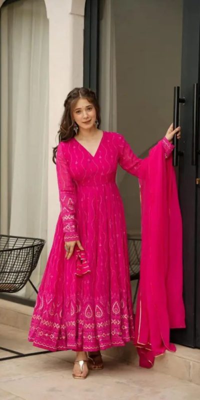 Perfect Pink Color Faux Georgette Sequence Thread Anarkali Suit