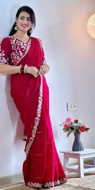 Perfect Red Color Rangoli Silk Beautiful Embroidery Saree