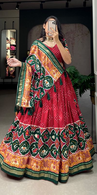 Perfect Red Color Tussar Silk Patola Printed Lehenga Choli