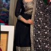 Pretty Black Color Chinnon Silk Embroidery Sequence Salwar Suit