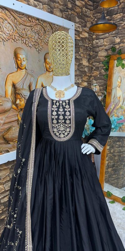 Pretty Black Color Chinon Silk Embroidery Sequence Gown