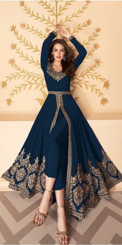 Pretty Navy Blue Color Georgette Embroidery Sharara Suit