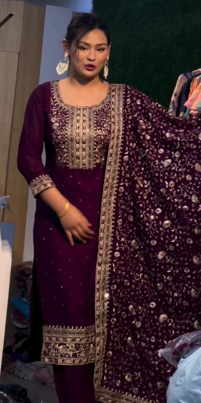 Pretty Purple Color Chinnon Silk Embroidery Sequence Salwar Suit