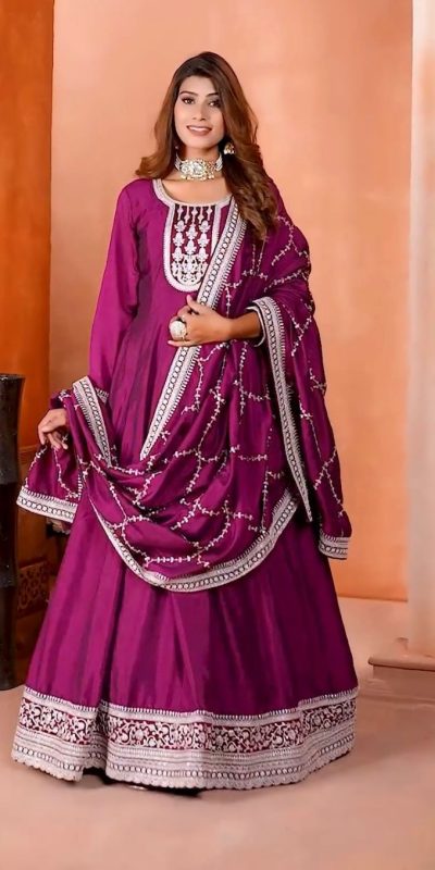 Pretty Purple Color Chinon Silk Embroidery Sequence Gown