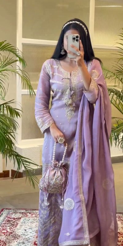 Superb Purple Chinnon Silk Malty Thread Embroidery Salwar Suit