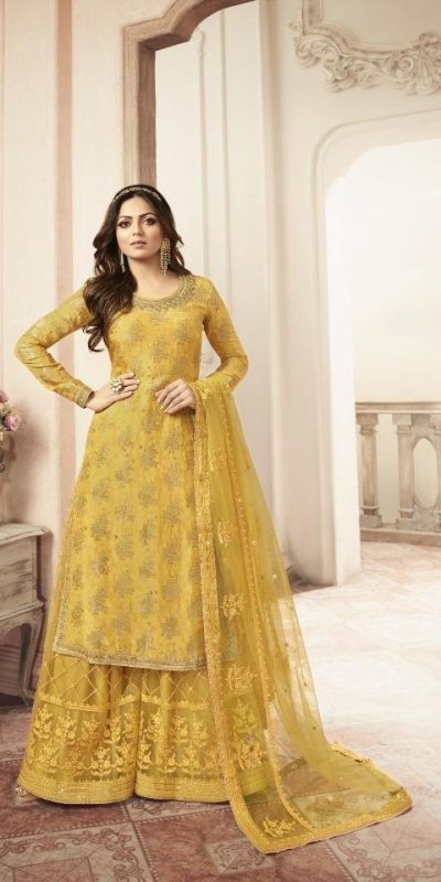 Special Yellow Color Jacquard Silk Georgette Diamond Sharara Suit