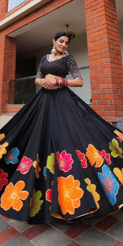 Stylish Black Color Pure Cotton Printed Mirror Work Lehenga Choli