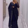 Stylish Navy Blue Color Georgette Embroidery Sequence Saree