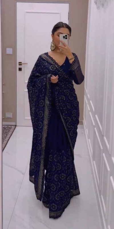 Stylish Navy Blue Color Georgette Embroidery Sequence Saree