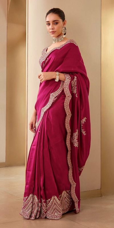 Stylish Pink Color Vichitra Silk Sequins Embroidery Saree