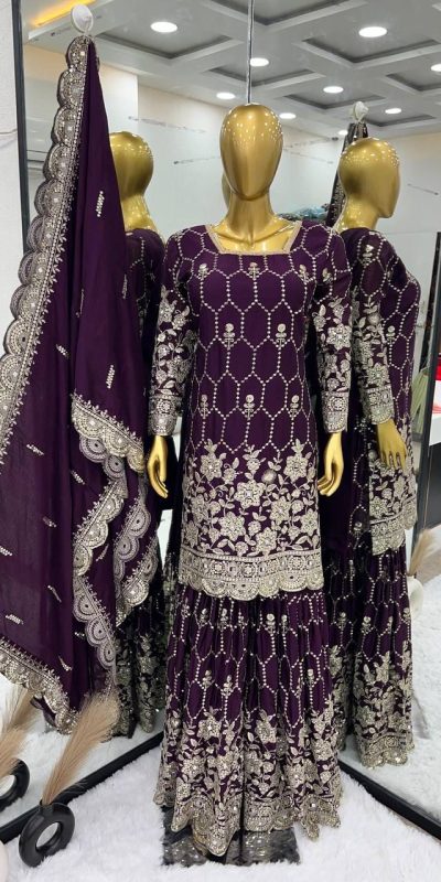 Stylish Purple Color Chinnon Silk Embroidery Work Sharara Suit