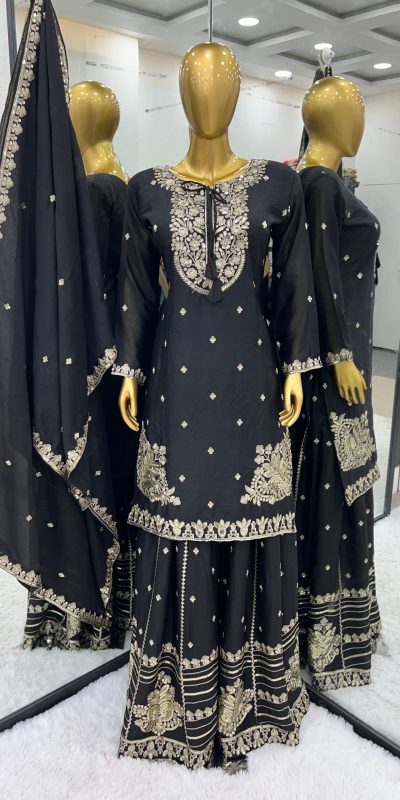 Sublime Black Color Chinnon Silk Embroidery Work Salwar Suit