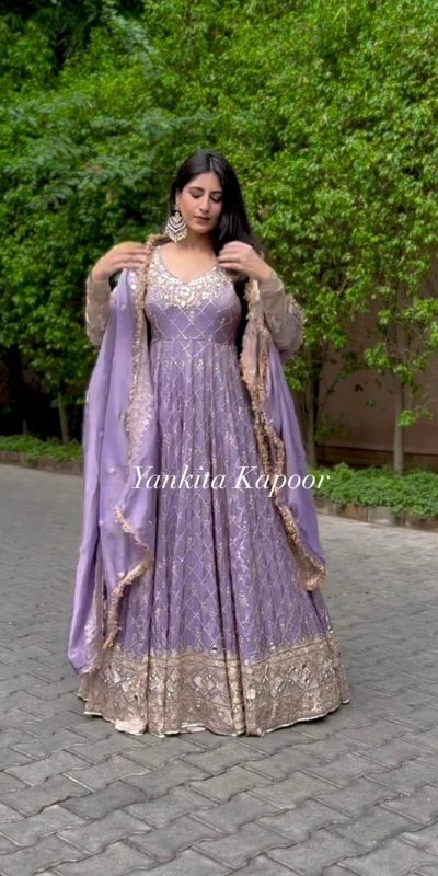 Sublime Violet Color Georgette Embroidery Sequence Gown