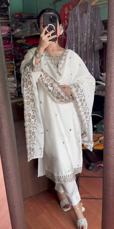 Sublime White Color Chinnon Silk Sequence Salwar Suit