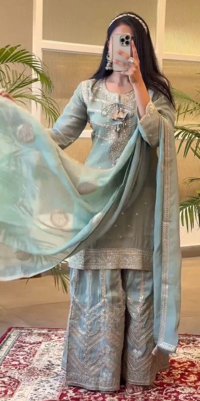 Superb Blue Chinnon Silk Malty Thread Embroidery Salwar Suit