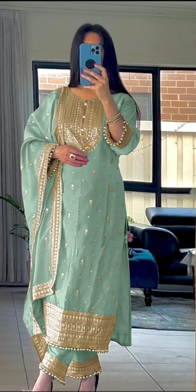 Superb Blue Color Chinnon Silk Embroidery Salwar Suit