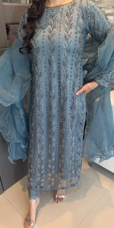 Superb Blue Color Muslin Digital Printed Hand Work Salwar Suit