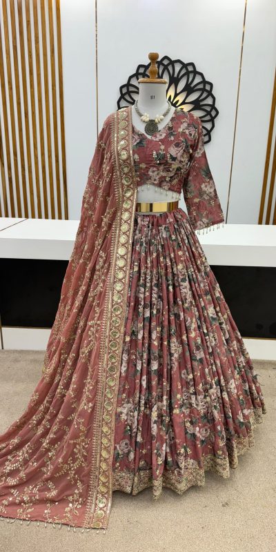 Superb Peach Color Chinon Silk Digital Printed Lehenga Choli