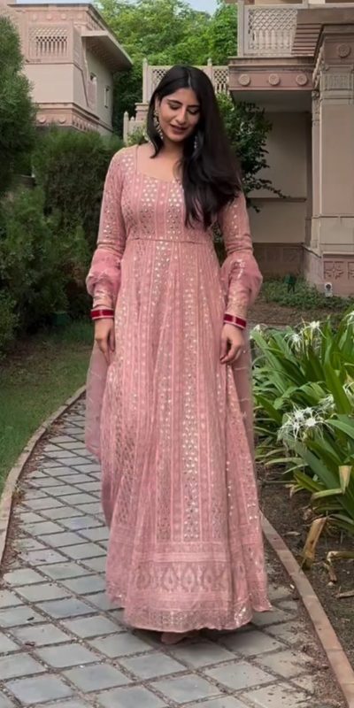 Superb Pink Color Georgette Embroidery Sequence Gown
