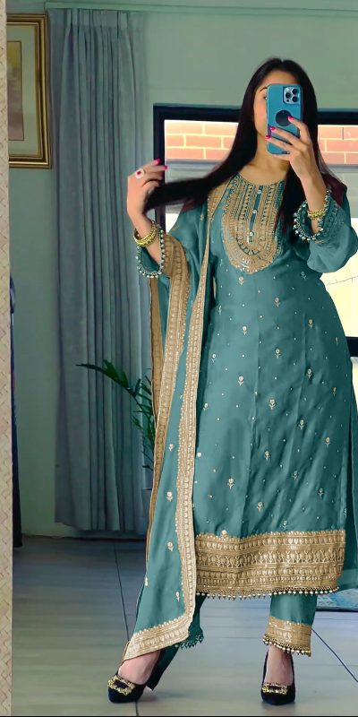 Superb Royal Blue Color Chinnon Silk Embroidery Salwar Suit