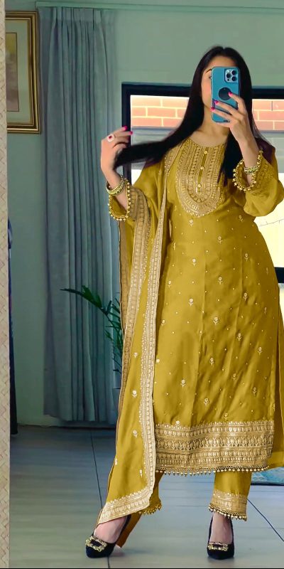 Superb Yellow Color Chinnon Silk Embroidery Salwar Suit