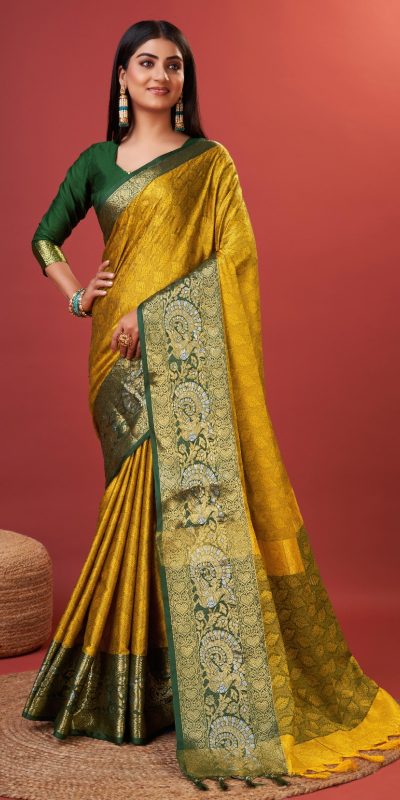 Superb Yellow Color Rich Cotton Jacquard Silk Saree