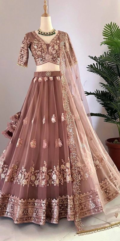 Stylish Peach Color Georgette Embroidery Lehenga Choli