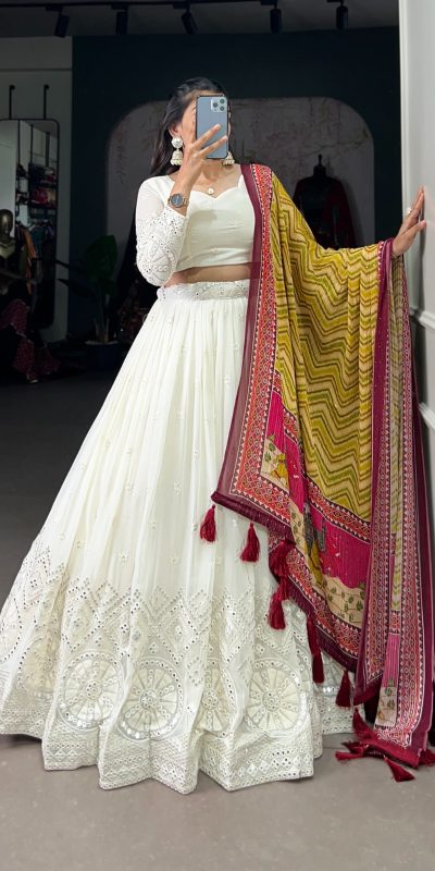 LNB 1500 White Color Georgette Lucknowi Paper Mirror Lehenga Choli Festive Party Wedding, Events etc. Delivery 4-6 Working Days @3499/- | Lehenga, Bollywood Lehenga, Creative Lehenga, Designer Lehenga, Embroidered Lehenga, Party Wear Lehenga