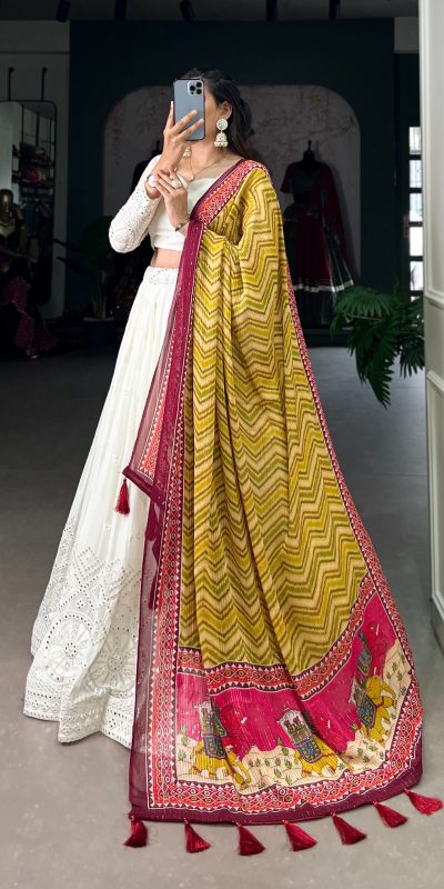 LNB 1500 White Color Georgette Lucknowi Paper Mirror Lehenga Choli Festive Party Wedding, Events etc. Delivery 4-6 Working Days @3499/- | Lehenga, Bollywood Lehenga, Creative Lehenga, Designer Lehenga, Embroidered Lehenga, Party Wear Lehenga
