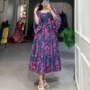 Aesthetic Navy Blue Color Georgette Floral Printed Work Gown