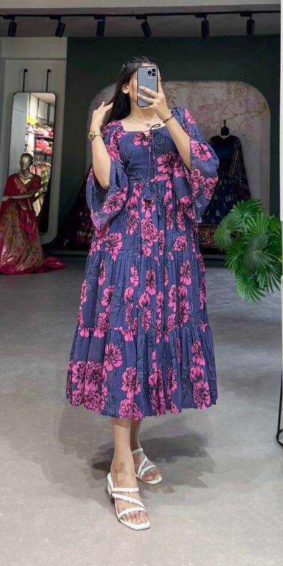 Aesthetic Navy Blue Color Georgette Floral Printed Work Gown