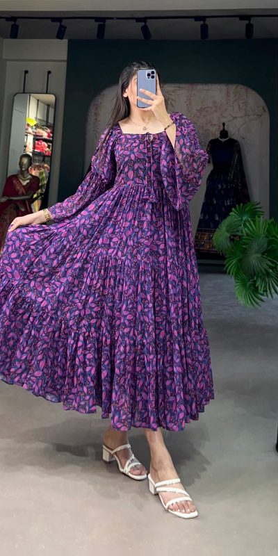 Aesthetic Purple Color Georgette Floral Printed Work Gown